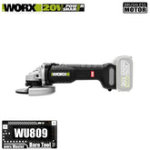 Worx WU809 Cordless Angle Grinder Brushless 20v 125x22.2 Clutch Protection for Polishing Cutting Share 5pin Green&Kress Battery